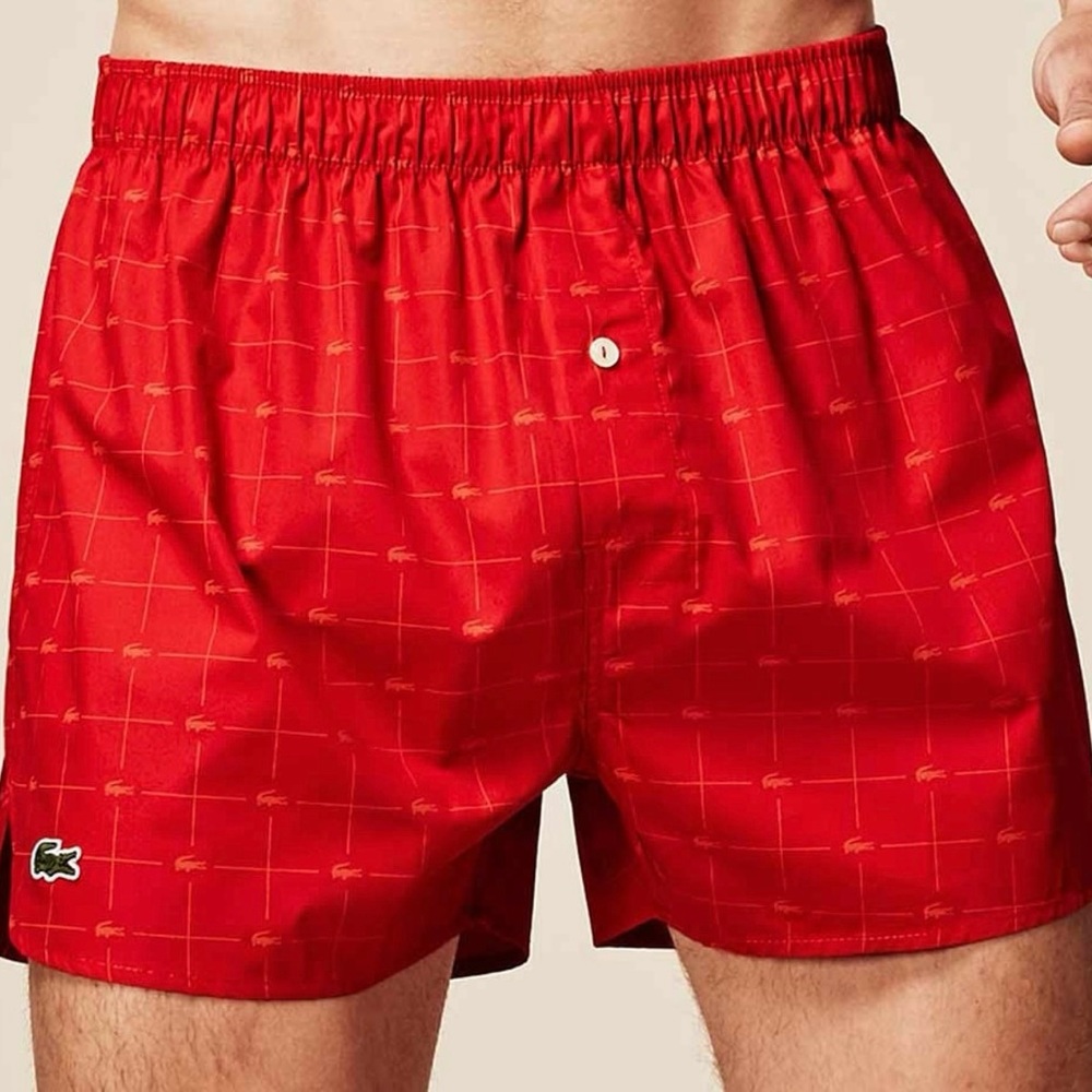 Lacoste Authentics Premium Cotton Woven Boxers, Red with Croc Print design.